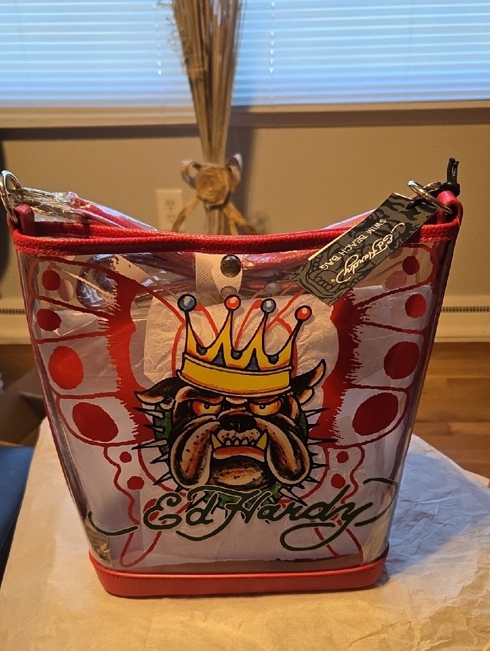 Ed Hardy Beach PVC Red, White & Yellow Crowned Bulldog Tote❤️❤️  NEW